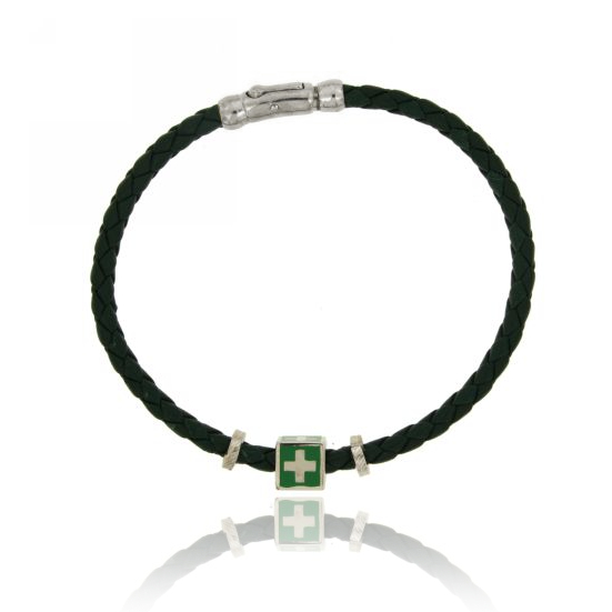 BRACCIALE IN CUOIO VERDE INTRECCIATO CON ELEMENTO "REPUBBLICA MARINARA" CENTRALE E CHIUSURA IN ARGENTO RODIATO TIT 925‰ E SMALTO