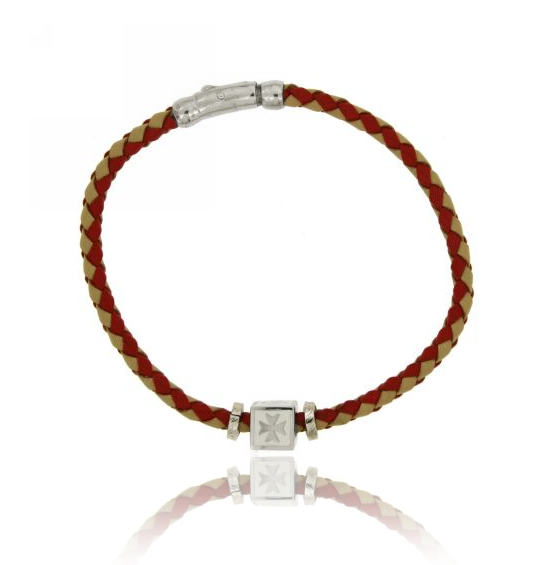 BRACCIALE IN CUOIO ROSSO INTRECCIATO CON ELEMENTO "REPUBBLICA MARINARA" CENTRALE E CHIUSURA IN ARGENTO RODIATO TIT 925‰ E SMALTO
