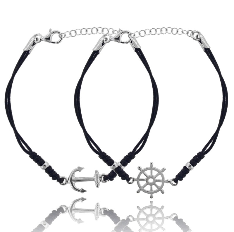 BRACCIALE CON SIMBOLO CENTRALE IN ARGENTO RODIATO TIT 925 E SETA CERATA CM 18-21