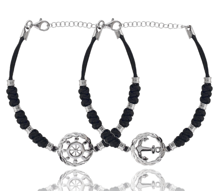 BRACCIALE CON SIMBOLO CENTRALE IN ARGENTO RODIATO TIT 925 E SETA CERATA CM 18-21