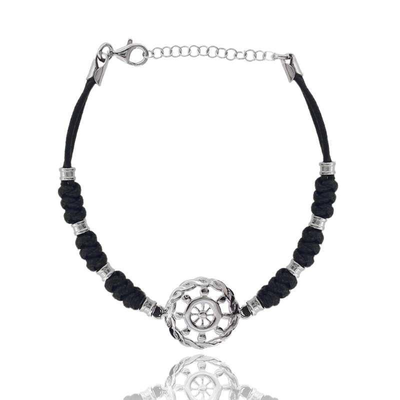 BRACCIALE CON SIMBOLO CENTRALE IN ARGENTO RODIATO TIT 925 E SETA CERATA CM 18-21