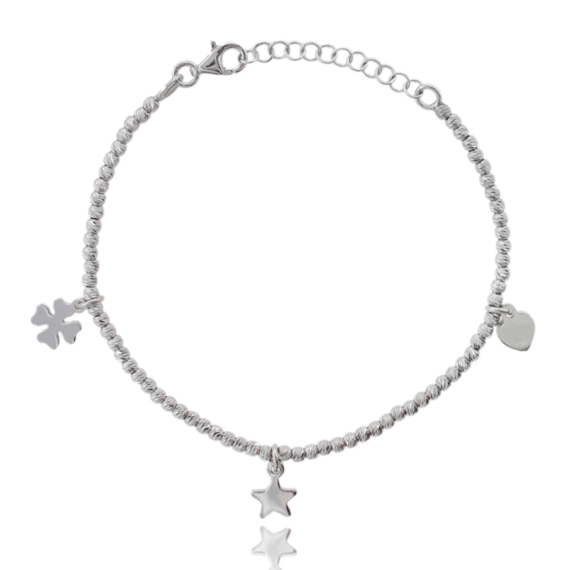 BRACCIALE CON SFERE DIAMANTATE E CHARMS PENDENTI IN ARGENTO RODIATO TIT 925 CM 16-19