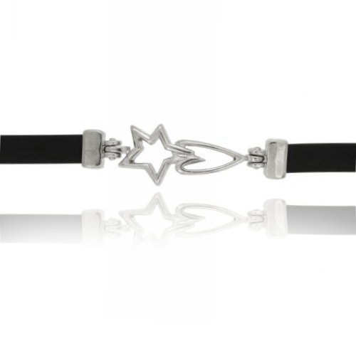 BRACCIALE IN CAUCCIU' NERO MM 6 CON STELLA E CUORE CENTRALE IN ARGENTO RODIATO TIT 925‰ CM 20