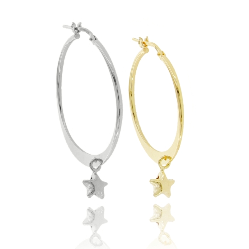 ORECCHINI A CERCHIO A CANNA SCHIACCIATA DEGRADE CON STELLA PENDENTE IN ARGENTO TIT 925