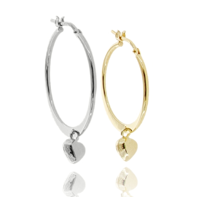 ORECCHINI A CERCHIO A CANNA SCHIACCIATA DEGRADE CON CUORE PENDENTE IN ARGENTO TIT 925