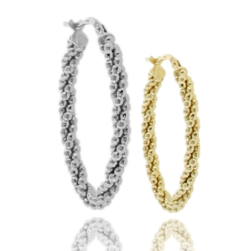 ORECCHINI A CERCHIO OVALI A CANNA TONDA MM 3 CON SFERE DIAMANTATE A TORCHON IN ARGENTO TIT 925