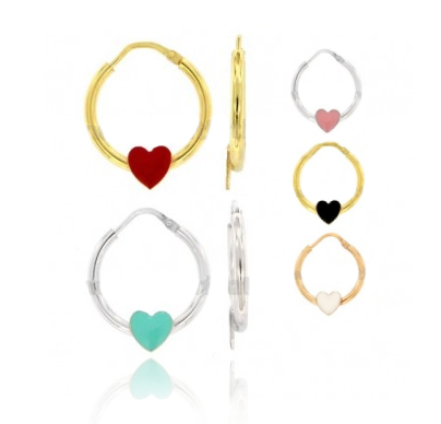 ORECCHINI A CERCHIO DIAMETRO MM 15 A CANNA TONDA MM 2 CON CUORE SMALTATO IN ARGENTO TIT 925