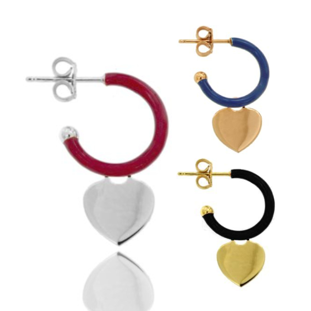 ORECCHINI A CERCHIO DIAMETRO MM 12 CON CUORE PENDENTE IN ARGENTO TIT 925 E SMALTO