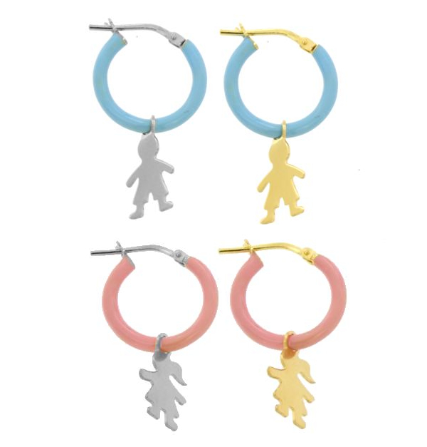 ORECCHINI A CERCHIO DIAM 12 CON BIMBO PENDENTE IN ARGENTO TIT 925 E SMALTO