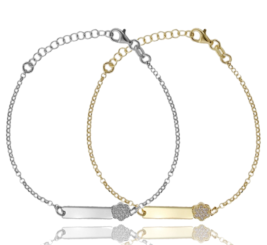 BRACCIALE ROLO' CON TARGA E FIORE CON ZIRCONI IN ARGENTO TIT 925‰ CM 16-19