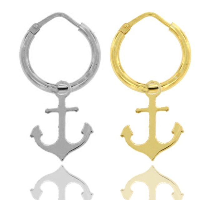 ORECCHINI A CERCHIO DIAMETRO MM 12 A CANNA TONDA MM 2 CON ANCORA PENDENTE IN ARGENTO TIT 925