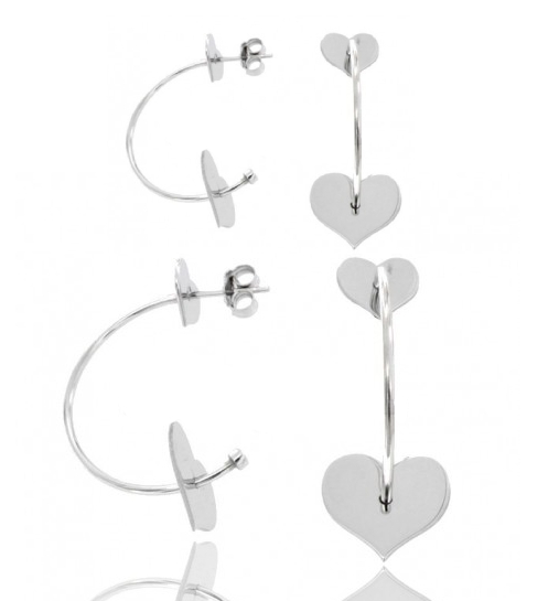 ORECCHINI A CERCHIO CON CUORE A LOBO E CUORE GRANDE PASSANTE IN ARGENTO RODIATO TIT 925