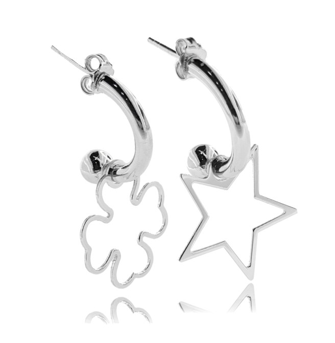 ORECCHINI SEMICERCHIO MM 15 CON SIMBOLO PENDENTE IN ARGENTO RODIATO TIT 925