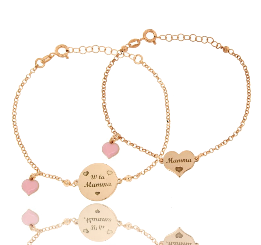 BRACCIALE ROLO' TI VOGLIO BENE MAMMA CON CUORE SMALTATO ROSA PENDENTE IN ARGENTO ROSATO TIT 925‰ CM 17-20