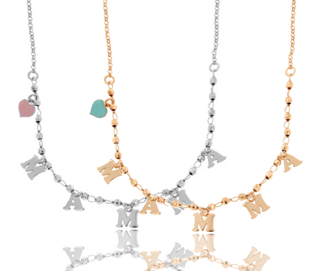 COLLANA CON SFERE FACCETTATE, CON SCRITTA MAMMA E CUORE PENDENTE SMALTATO IN ARGENTO TIT 925‰ CM 40-45