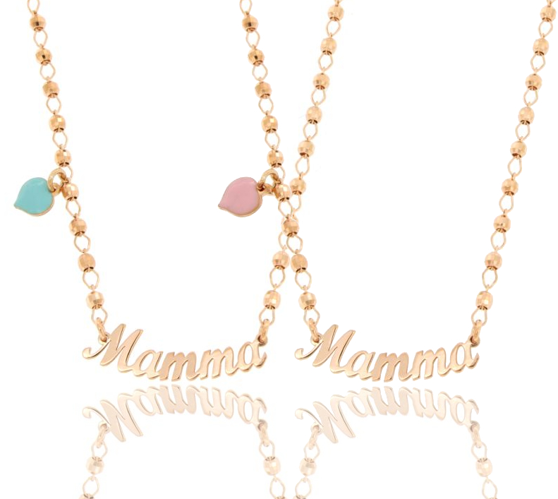 COLLANA CON SFERE, SCRITTA MAMMA E CUORE PENDENTE SMALTATO IN ARGENTO ROSATO TIT 925‰ CM 40-45