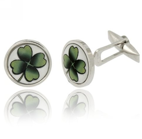 GEMELLI TONDI MM 17 CON QUADRIFOGLIO IN CERAMICA IN ARGENTO RODIATO TIT 925‰