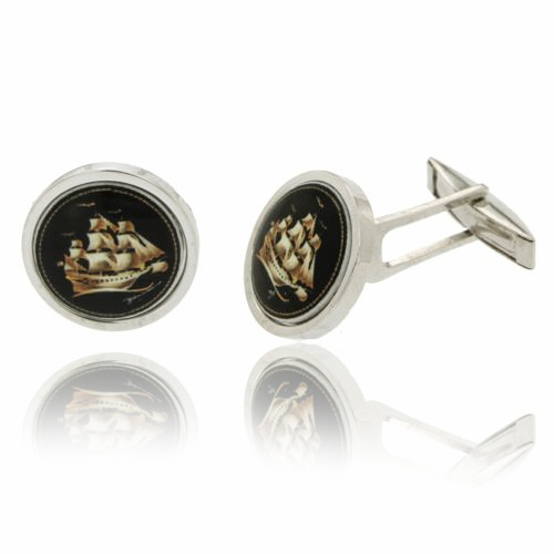 GEMELLI TONDI MM 17 CON VELIERO IN CERAMICA IN ARGENTO RODIATO TIT 925‰