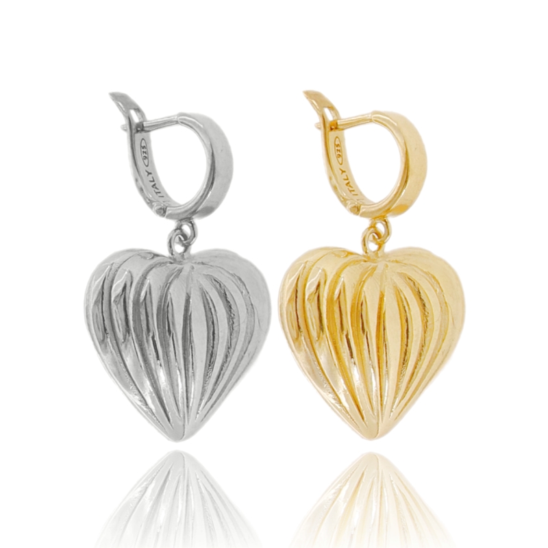 ORECCHINII A CERCHIO CON CUORE RIGATO PENDENTE IN ARGENTO ELETTROFORMATO TIT 925