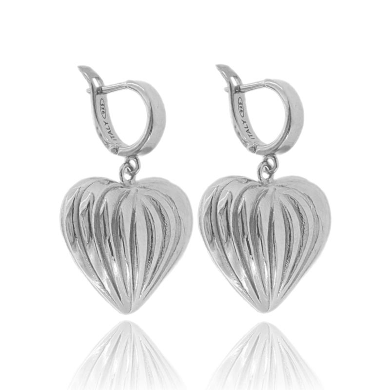 ORECCHINII A CERCHIO CON CUORE RIGATO PENDENTE IN ARGENTO ELETTROFORMATO TIT 925