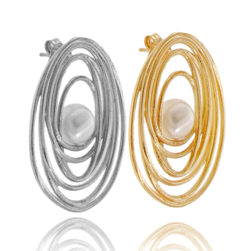 ORECCHINI PENDENTI OVALE ASTRATTO IN ARGENTO TIT 925 E PERLA