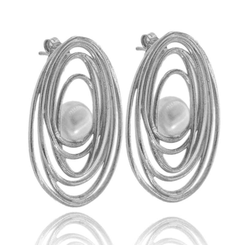 ORECCHINI PENDENTI OVALE ASTRATTO IN ARGENTO TIT 925 E PERLA