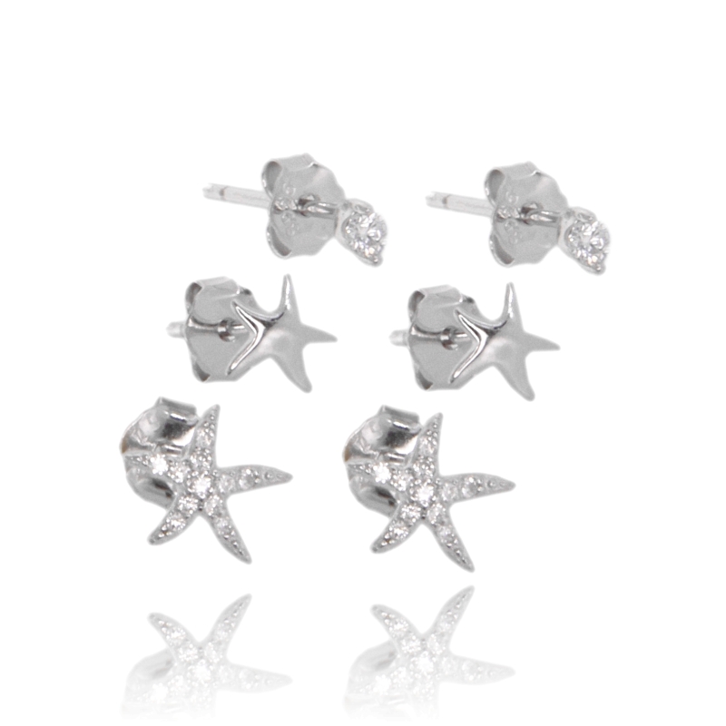 ORECCHINI A LOBO 3 COPPIE VARIE FORME IN ARGENTO TIT 925 E ZIRCONI BIANCHI