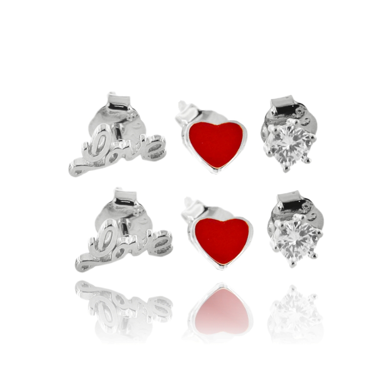 ORECCHINI A LOBO LOVE 3 COPPIE IN ARGENTO TIT 925 ZIRCONI BIACHI E SMALTO