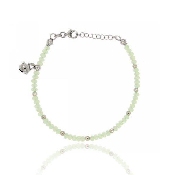 BRACCIALE CON PIETRE IDROTERMALI VERDE PASTELLO CON SFERE E CAMPANELLINO IN ARGENTO RODIATO TIT 925‰ CM 18-20