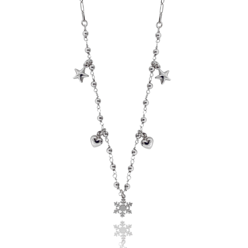 COLLANA CON SFERE E CHARMS IN ARGENTO RODIATO TIT 925 CM 40-45