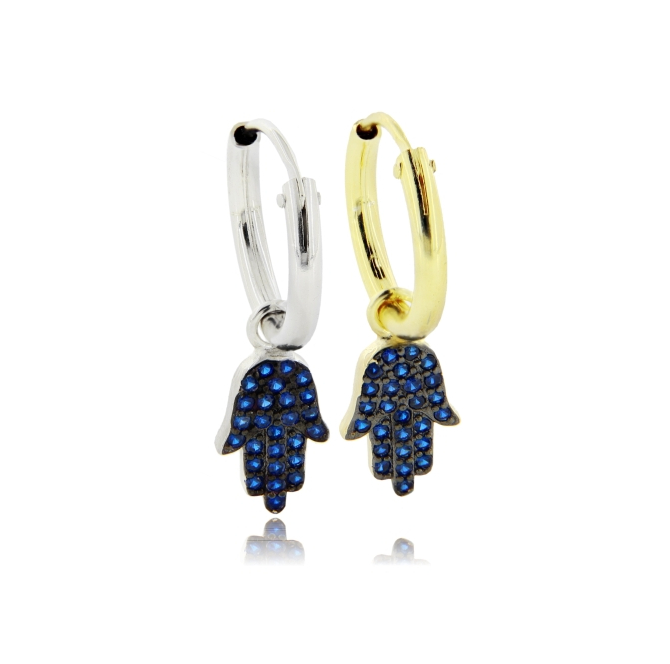 ORECCHINI A CERCHIO DIAMETRO MM 10 CON MANO DI FATIMA PENDENTE CON ZIRCONI BLU IN ARGENTO TIT 925‰