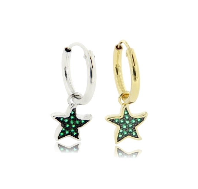 ORECCHINI A CERCHIO DIAMETRO MM 10 CON STELLA PENDENTE CON ZIRCONI VERDE IN ARGENTO TIT 925‰