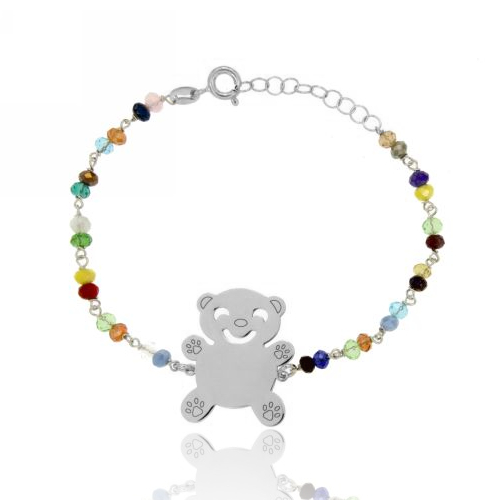 BRACCIALE CON CRISTALLI E ORSETTO CENTRALE IN ARGENTO RODIATO TIT 925‰ CM 17-19