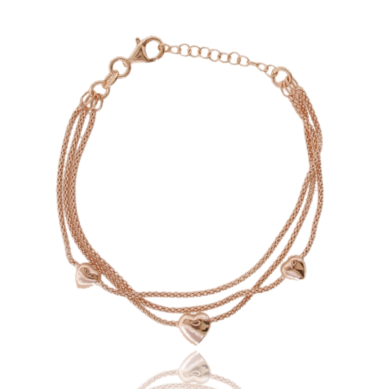 BRACCIALE A 3 FILI POP CORN CON 3 CUORI IN ARGENTO TIT 925 CM 17-19