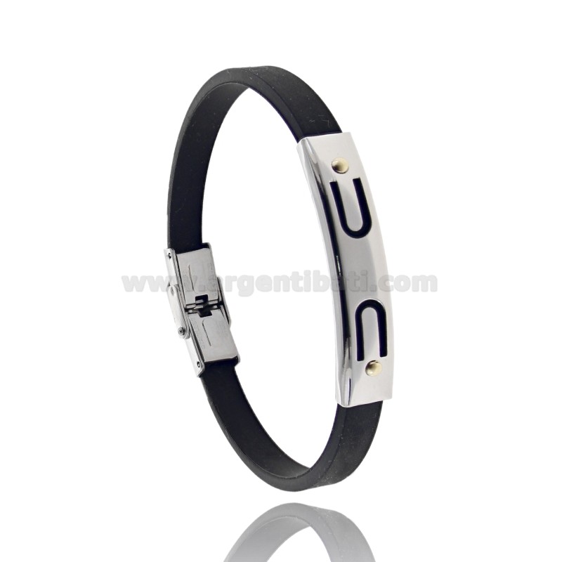 BRACCIALE IN CAUCCIU CON TARGA TRAFORATA ARCHETTI IN ACCIAIO CON VITINE IN BILAMINA DI OTTONE E ORO