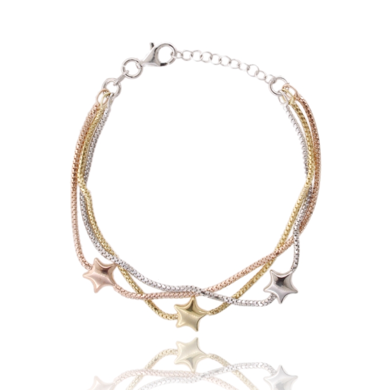 BRACCIALE VENEZIANA A 3 FILI CON STELLE ALTERNATE IN ARGENTO TIT 925‰ CM 18-21