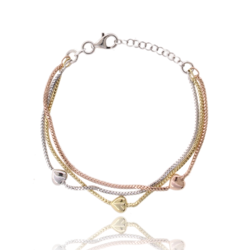 BRACCIALE VENEZIANA A 3 FILI CON CUORI ALTERNATI IN ARGENTO TIT 925‰ CM 18-21
