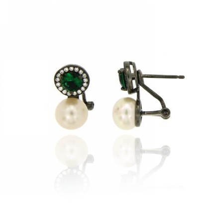 ORECCHINI IN ARGENTO PLACCATO RUTENIO TIT 925 , ZIRCONI BIANCHI, VERDE E PERLA