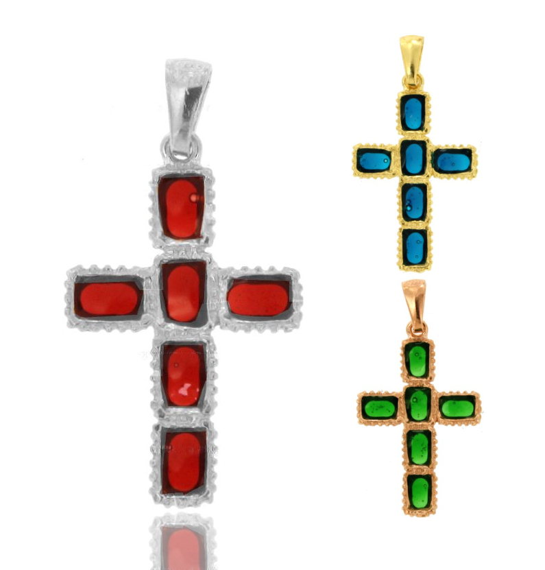 CIONDOLO CROCE 6 QUADRATI MM 32X20 IN ARGENTO TIT 925‰ E SMALTO CATTEDRALE