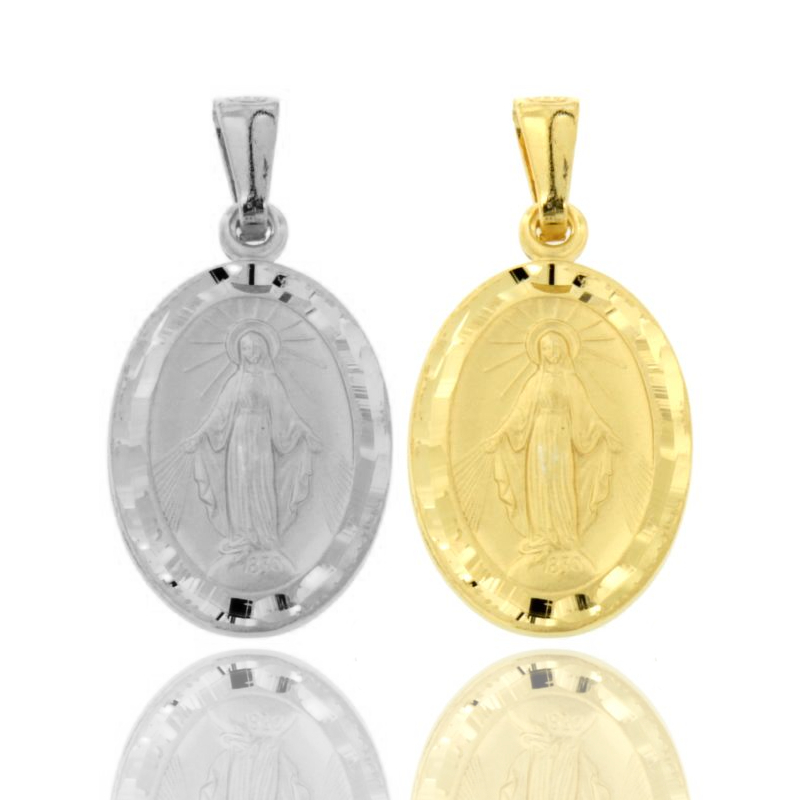 CIONDOLO MADONNINA MIRACOLOSA OVALE MM 27X16 CON BORDO DIAMANTATO IN ARGENTO TIT 925‰
