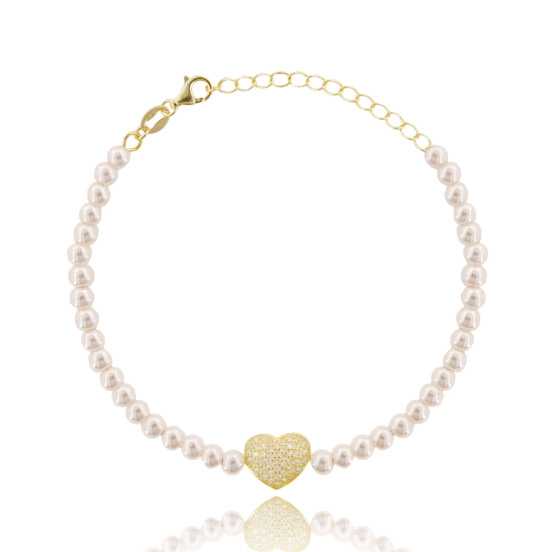BRACCIALE DI PERLE MM 4 CENTRALE DI ZIRCONI IN ARGENTO DORATO TIT 925 CM 17-20