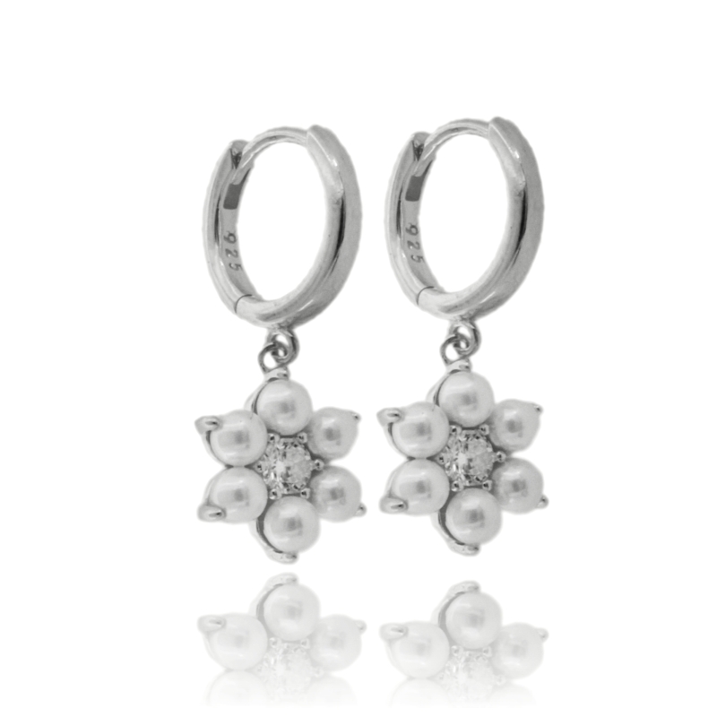 ORECCHINI A CERCHIO CON FIORE PENDENTE IN ARGENTO TIT 925 ZIRCONI BIANCHI E PERLE