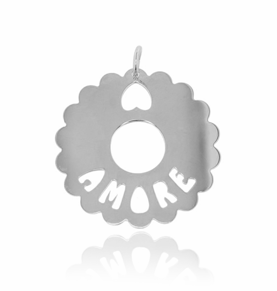CIONDOLO TONDO SMERLATO MM 35 AMORE IN ARGENTO RODIATO TIT 925