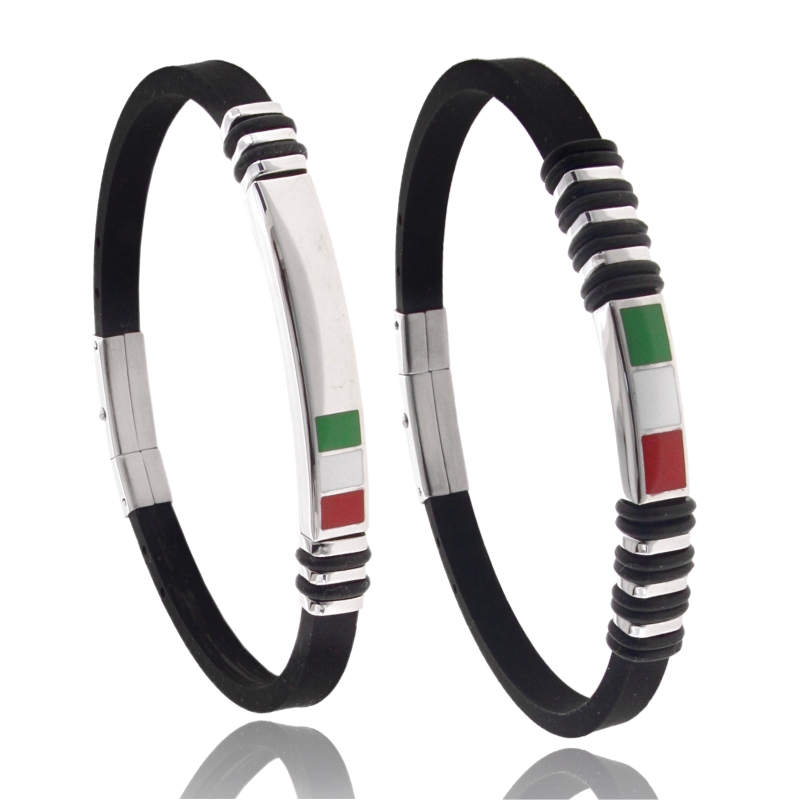 BRACCIALE IN CAUCCIU' CON TARGA E BANDIERA ITALIANA SMALTATA IN ACCIAIO CM 21