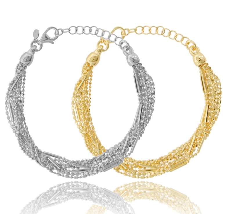 BRACCIALE PALLINE E SEGMENTI DIAMANTATI MULTIFILO IN ARGENTO TIT 925 CM 17-19
