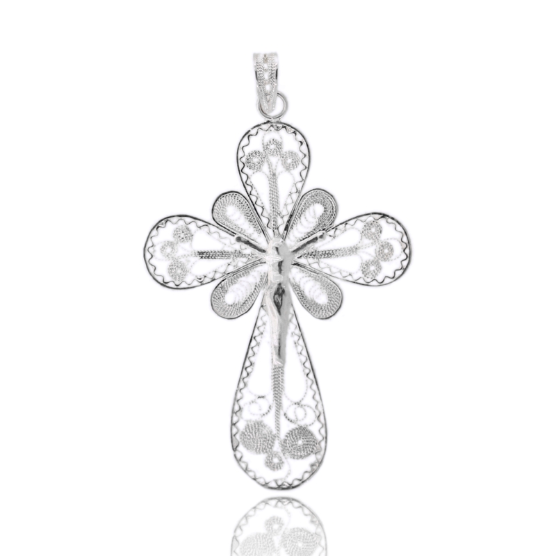 CIONDOLO CROCE FILIGRANA CON CRISTO MM 57X38 IN ARGENTO TIT 925