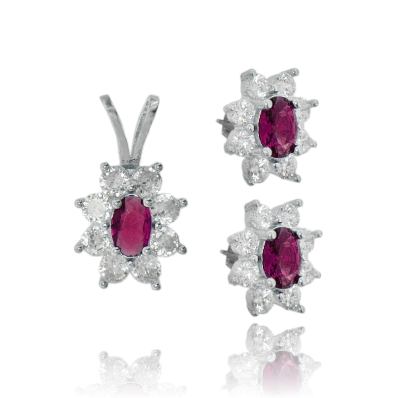 CIONDOLO E ORECCHINI FIORE OVALE IN ARGENTO RODIATO TIT 925 E ZIRCONI COLORATI