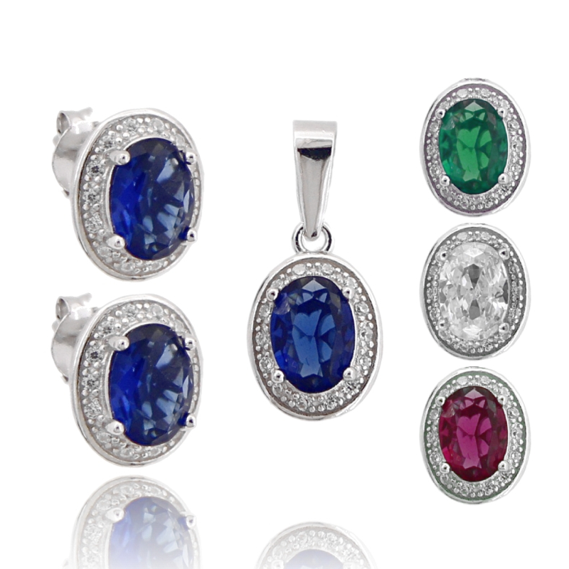 CIONDOLO E ORECCHINI OVALE IN ARGENTO RODIATO TIT 925 E ZIRCONI COLORATI