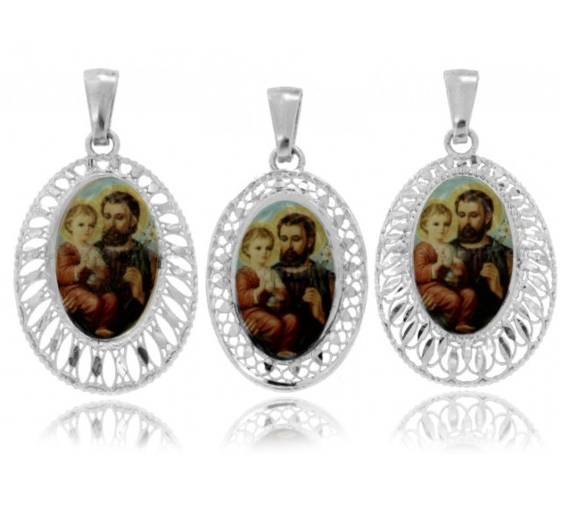CIONDOLO OVALE ELETTROFUSO SAN GIUSEPPE IN ARGENTO RODIATO TIT 925‰