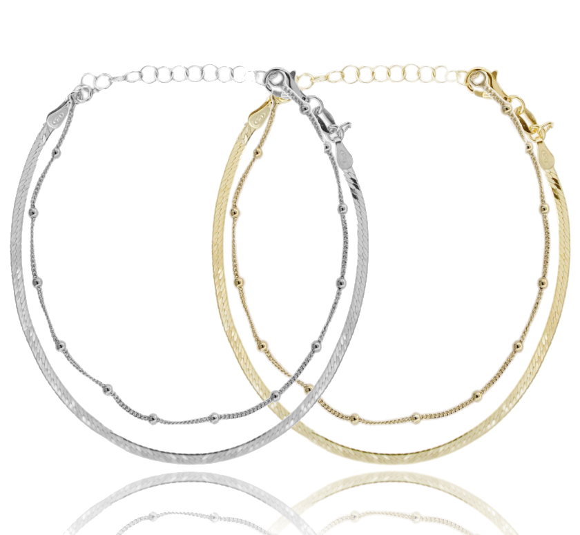 BRACCIALE A 2 FILI SCHIENA D'ASINO E GRUMETTA CON SFERE IN ARGENTO TIT 925 CM 17-19